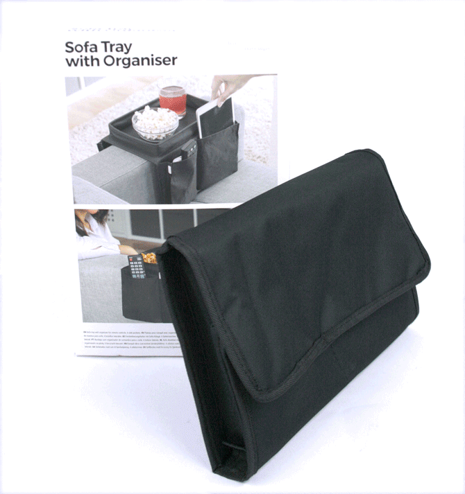 Bandeja para el brazo de sofá con bolsillos para mandos, Ipad o lo que se te ocurra