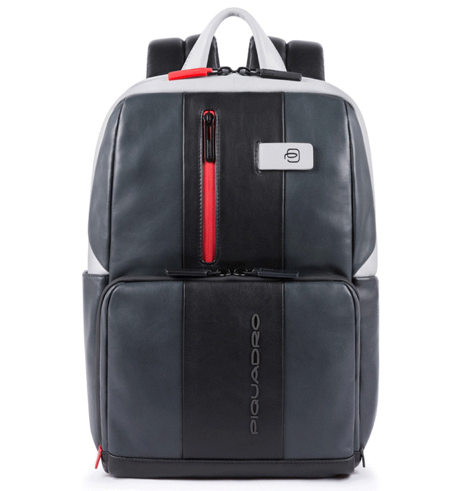 Mochila urbana de piel combinada en gris oscuro, gris claro y detalles en rojo marca Piquadro - Solohombre