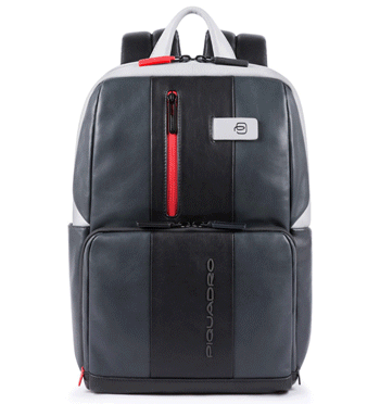 Mochila urbana de piel combinada en gris oscuro, gris claro y detalles en rojo marca Piquadro - Solohombre