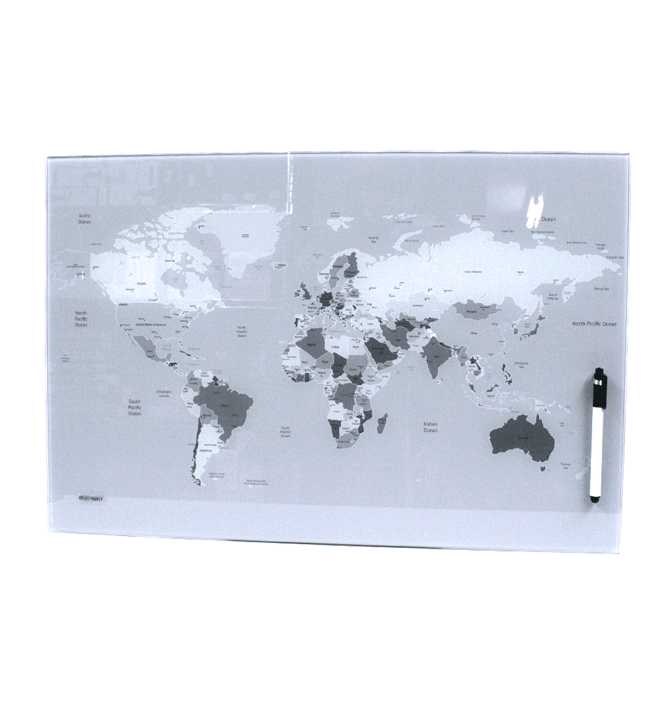 Panel pizarra imantado de pared con el mapa mundi